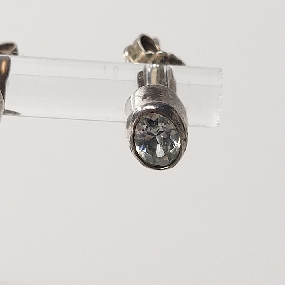 Sterling‎ Silver Clear Glass Bezel Stud Earrings Round Minimalist - Picture 8 of 10